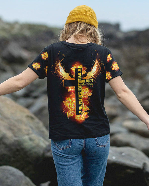 Way Maker Miracle Worker Gold Rose Cross Women's Christian Tshirt