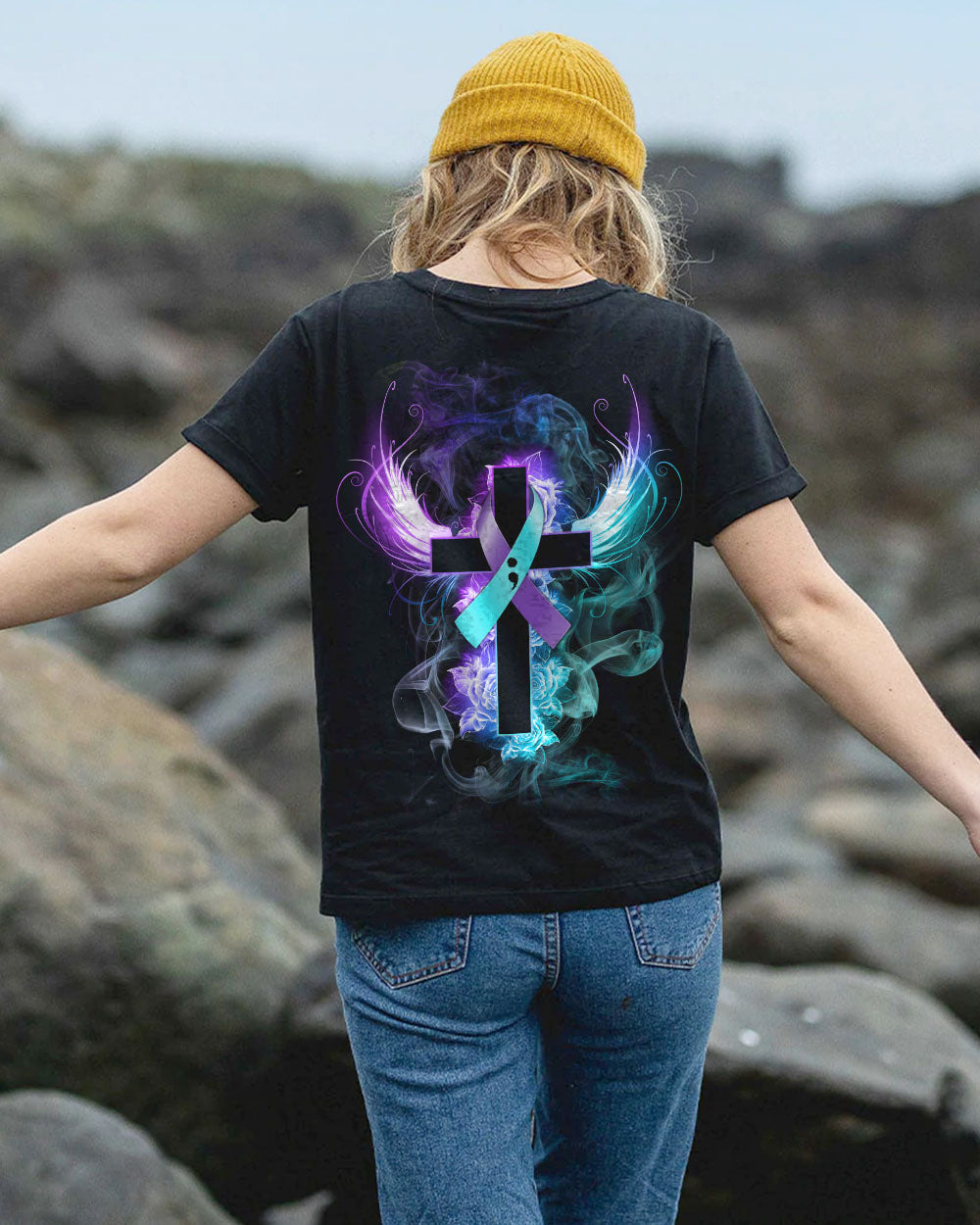 Blue Purple Wing Rose Cross Smoke Women's Christian Tshirt