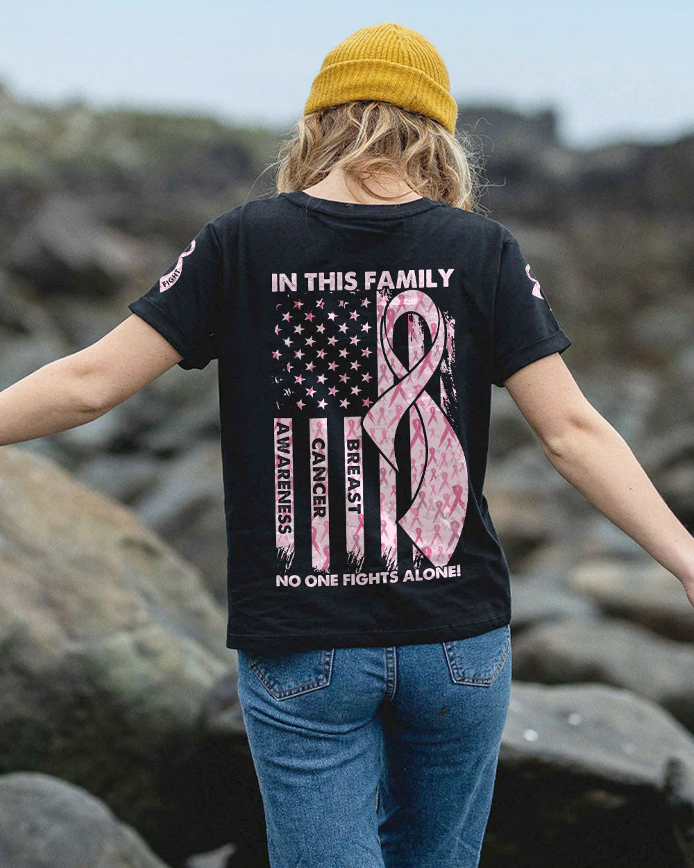 In This Family No One Fights Alone Pink Ribbon Flag Women's Breast Cancer Awareness Tshirt