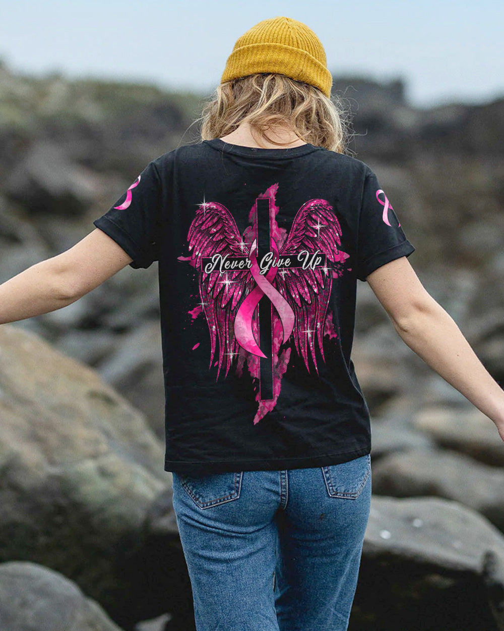 Never Give Up Glitter Wings Women's Breast Cancer Awareness Tshirt