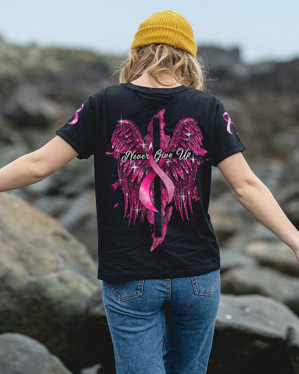 Never Give Up Glitter Wings Women's Breast Cancer Awareness Tshirt