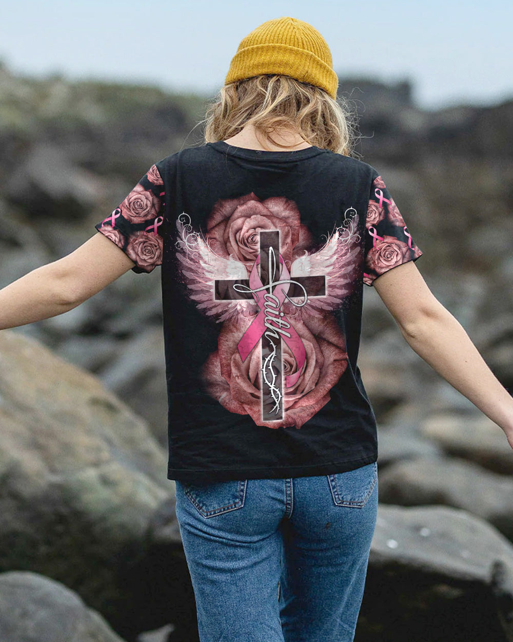 Faith Rose Cross Ribbon Wings Women's Christian Tshirt
