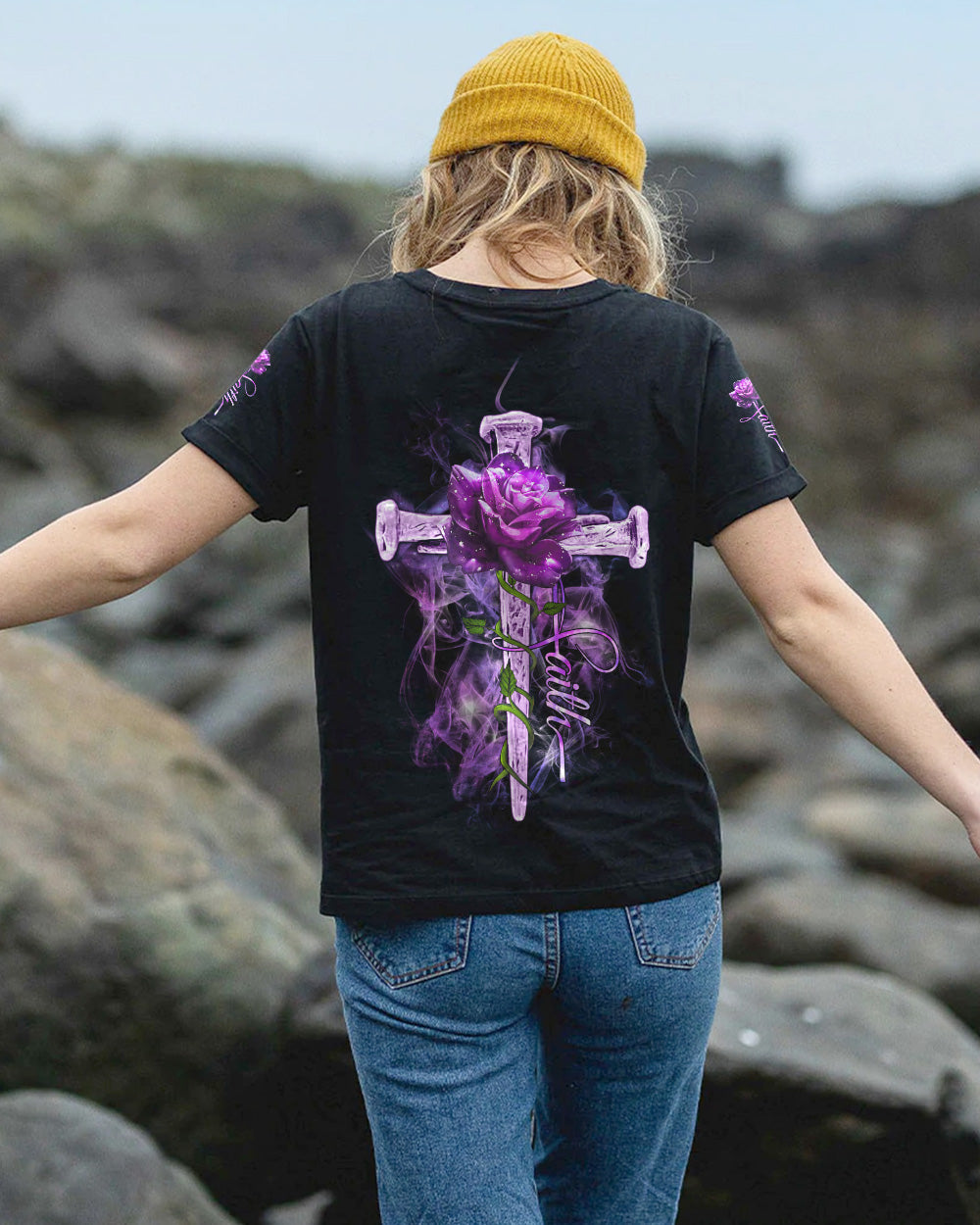 Vintage Cross Purple Rose Smoke Cross Women's Christian Tshirt