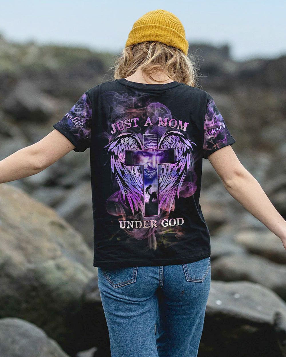 Just A Mom Under God Cross Wings Women's Christian Tshirt