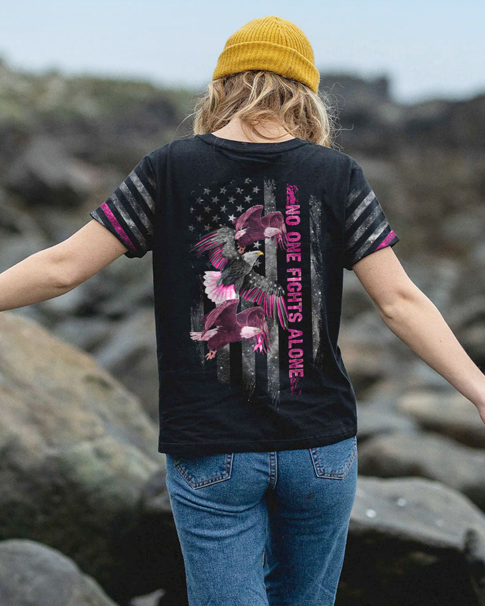 No One Fights Alone Eagle Flag Women's Breast Cancer Awareness Tshirt