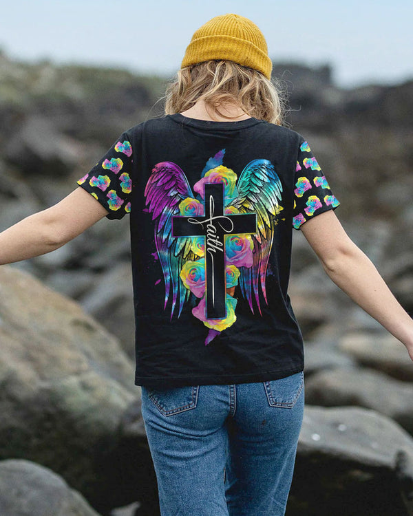 Cross Rose Wings Colorful Women's Christian Tshirt