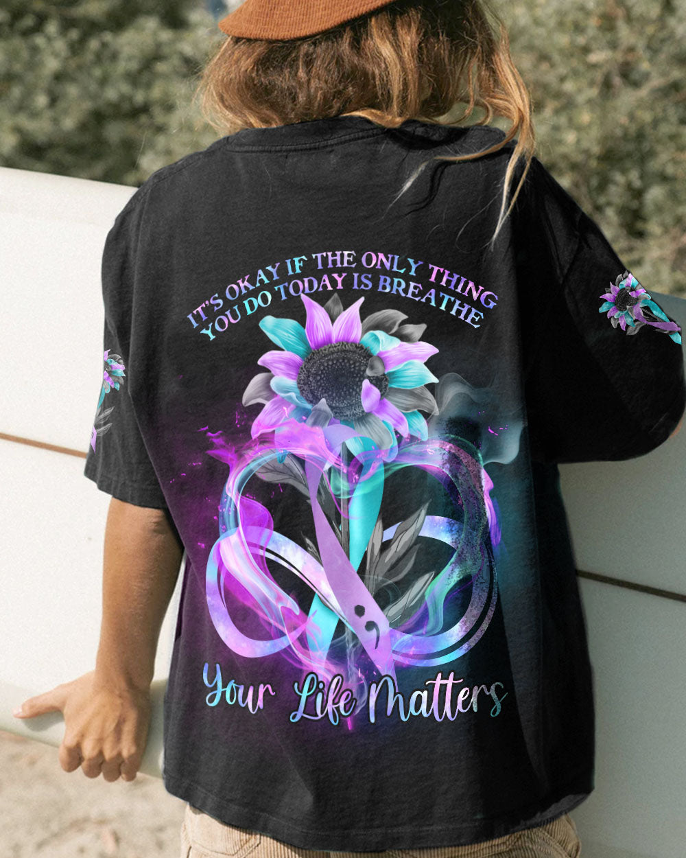 It's Okay If The Only Thing You Do Today Is Breathe Sunflower Smoke Ribbon Women's Suicide Prevention Awareness Tshirt