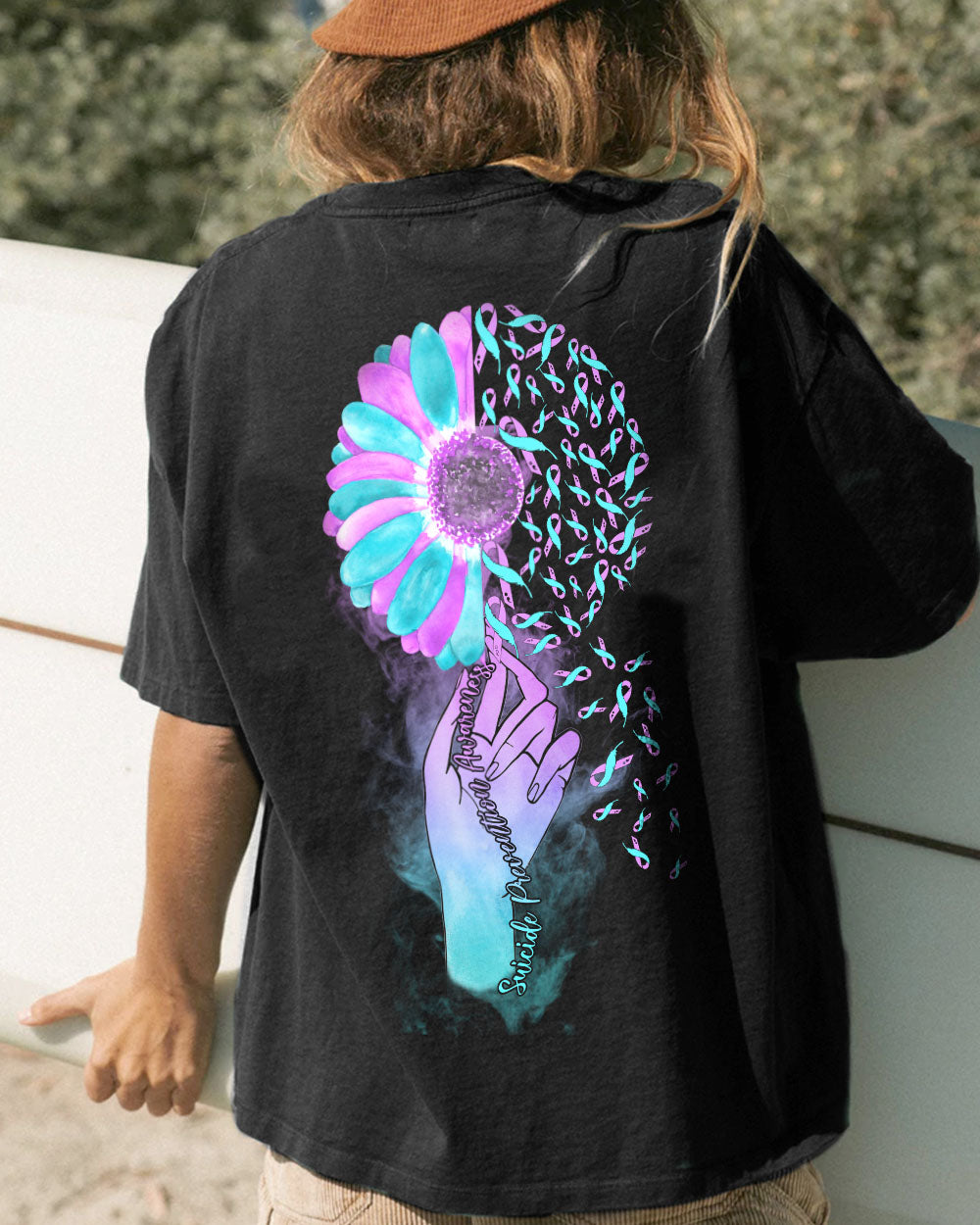 Colorful Ribbon Half Flower Smoke Women's Suicide Prevention Awareness Tshirt