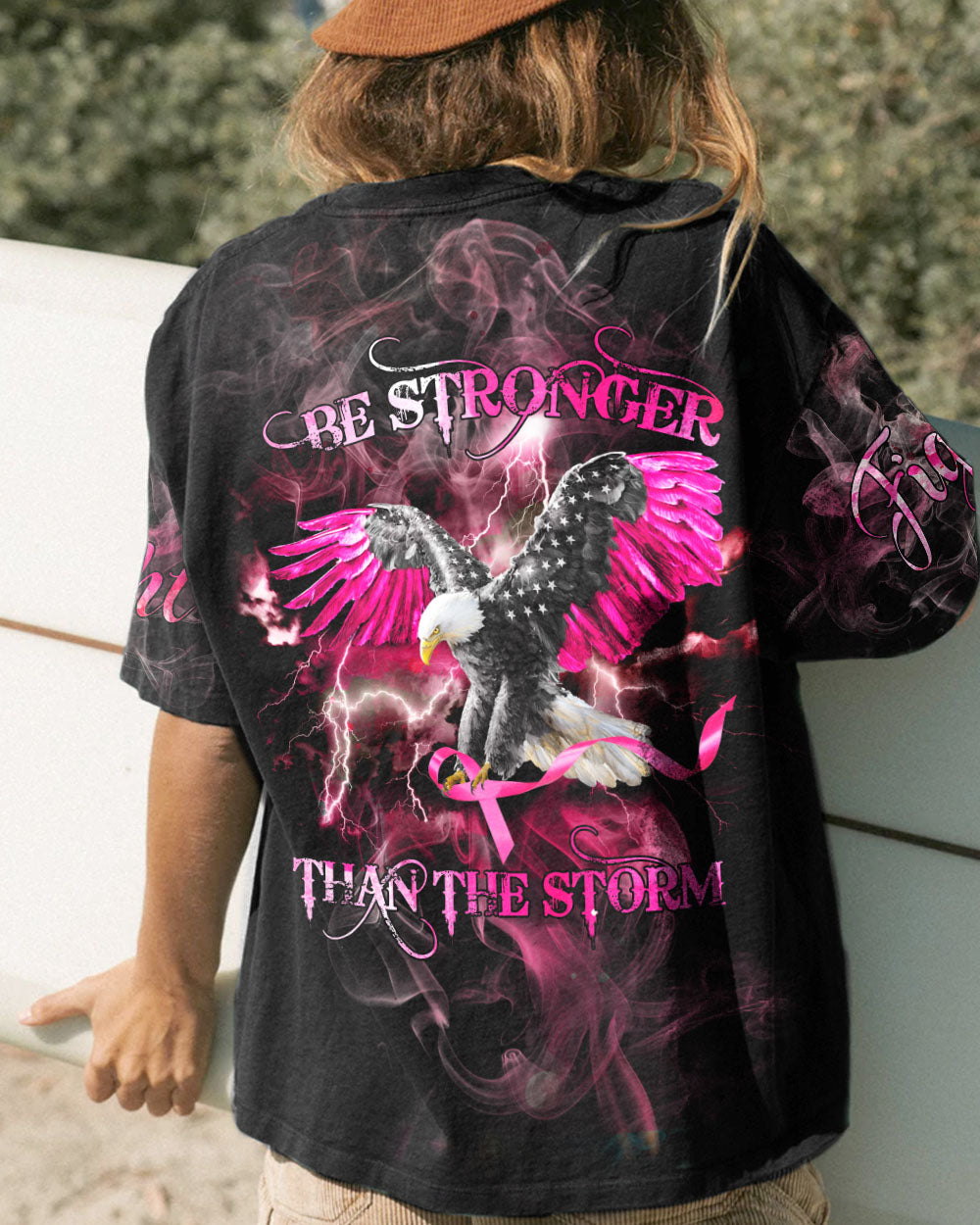 Be Stronger Than The Storm Eagle Pink Smoke Women's Breast Cancer Awareness Tshirt