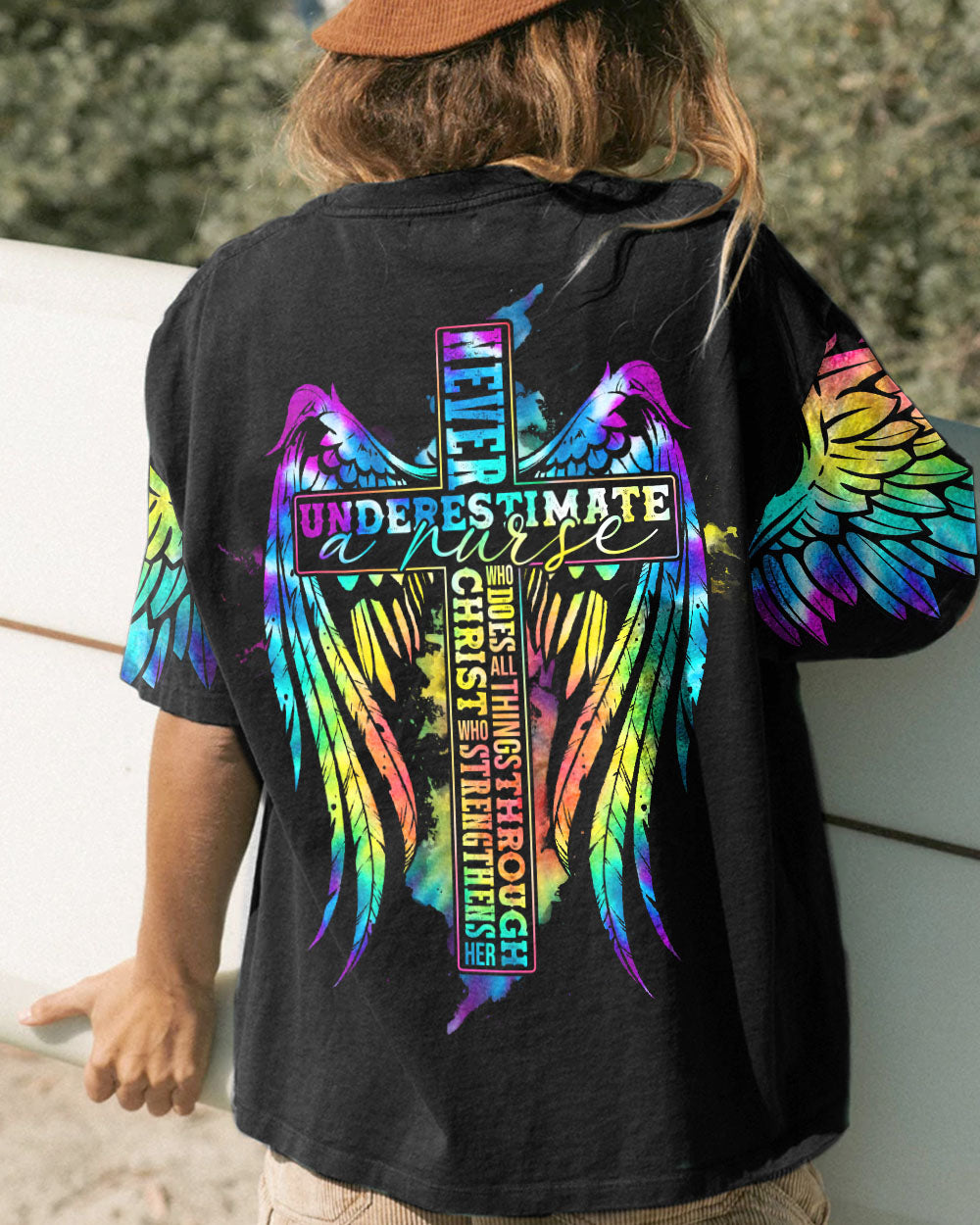 Never Underestimate A Nurse Wings Women's Christian Tshirt