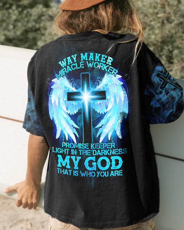 Way Maker Miracle Worker Promise Keeper Light In The Darkness Light Cross Wings Smoke Women's Christian Tshirt
