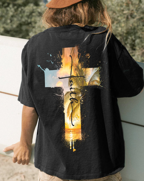 Faith Cross Sunset Beach Watercolor Women's Christian Tshirt