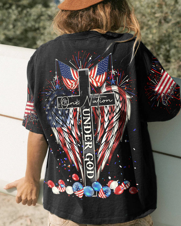 One Nation Under God Cross Wings Independence Day Women's Christian Tshirt