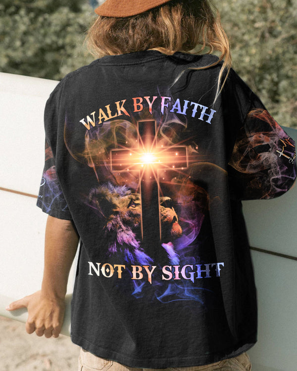 Walk By Faith Not By Sight Lion Cross Women's Christian Tshirt