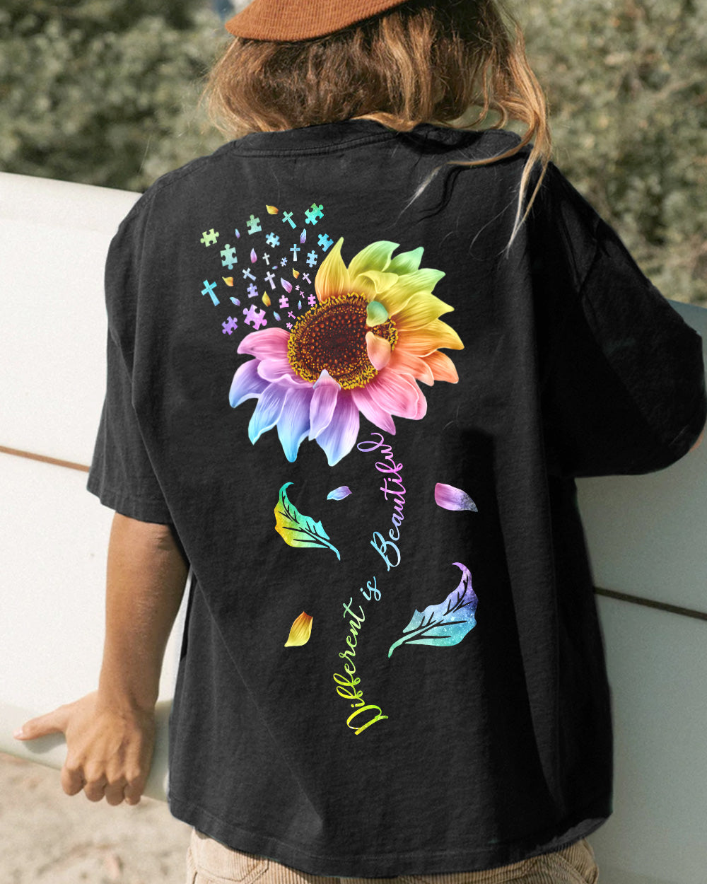 Different Is Beautiful Rainbow Sunflower Women's Autism Awareness Tshirt