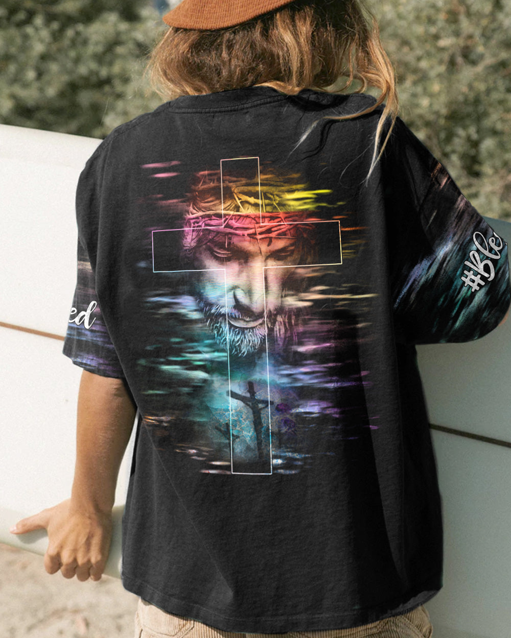 Faith Over Fear Jesus Cross Colorful Water Women's Christian Tshirt