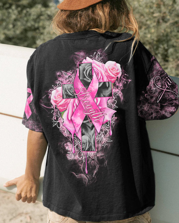 Strength Rose Cross Ribbon Women's Breast Cancer Awareness Tshirt