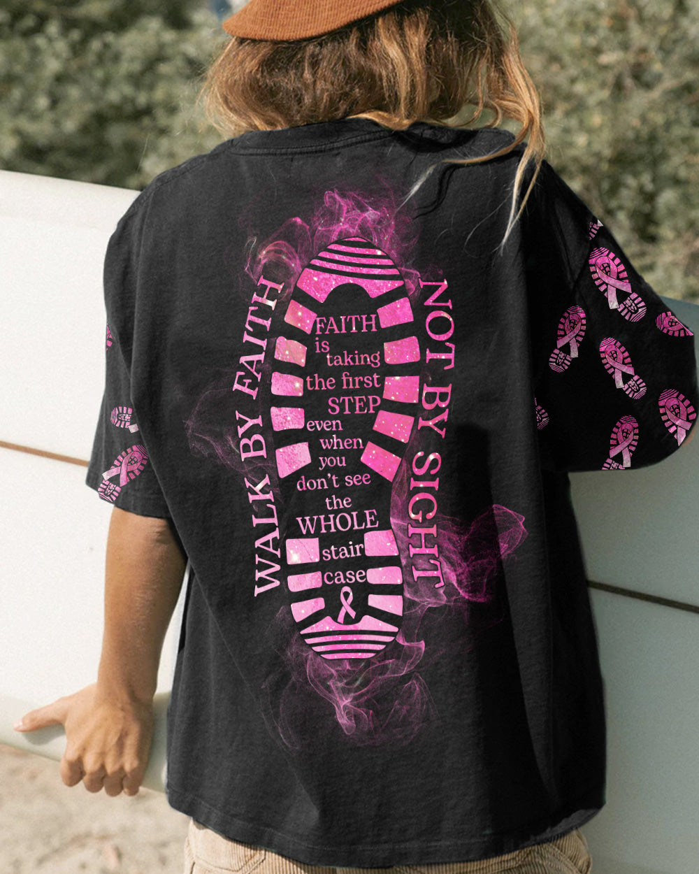 Walk By Faith Not By Sight Smoke Women's Breast Cancer Awareness Tshirt