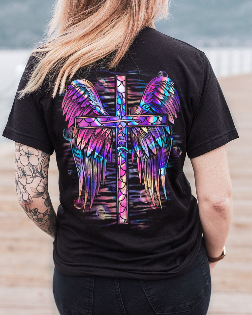Faith Cross Wings Mermaid Hologram Texture Women's Christian Tshirt