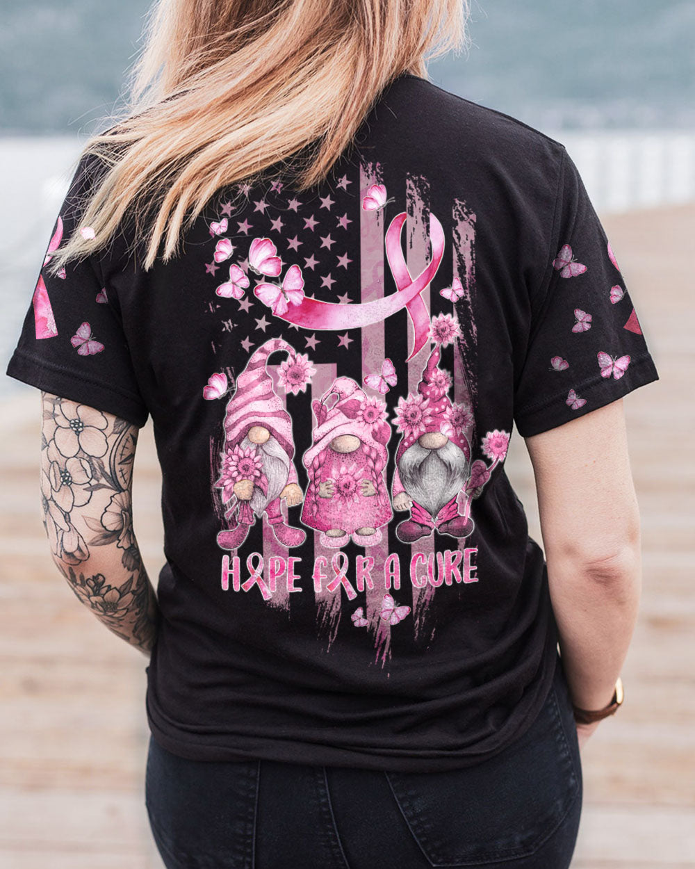 Hope For A Cure Gnome Pink Ribbons Flag Women's Breast Cancer Awareness Tshirt