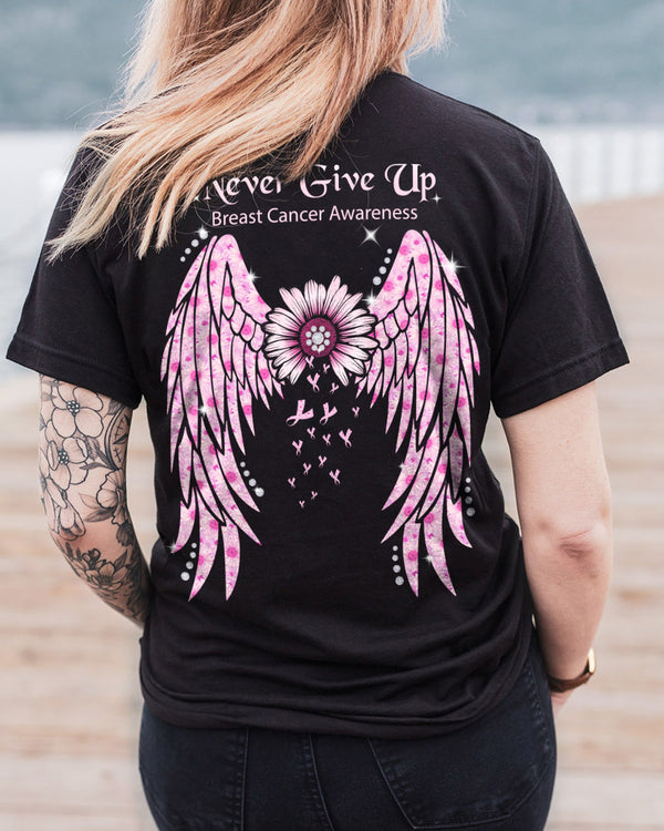 Never Give Up Pink Wings Daisy Women's Breast Cancer Awareness Tshirt