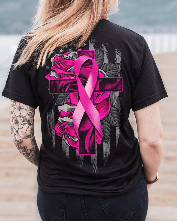 Rose With Ribbon Cross Flag Women's Breast Cancer Awareness Tshirt