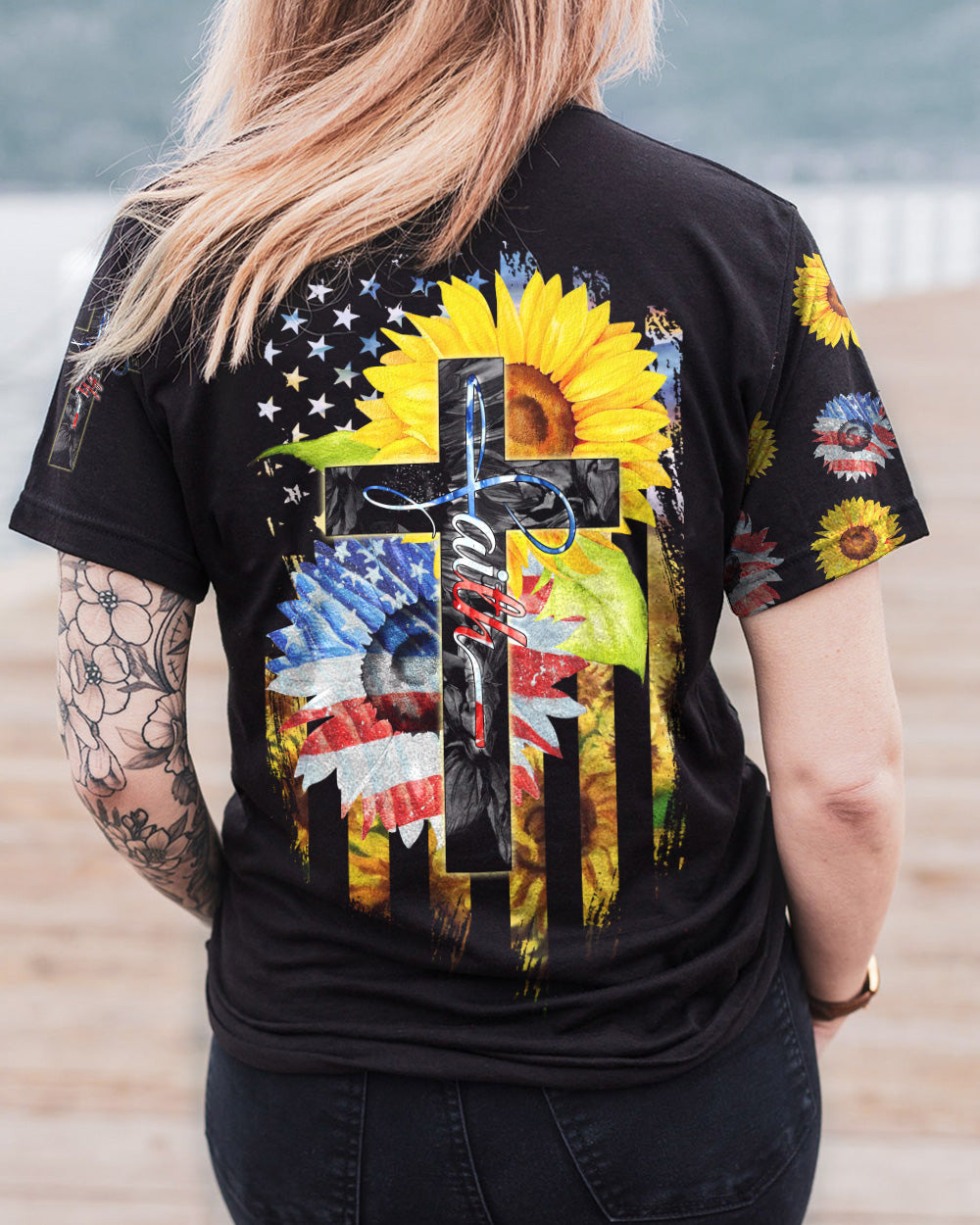 Sunflower America Faith Flag Women's Christian Tshirt