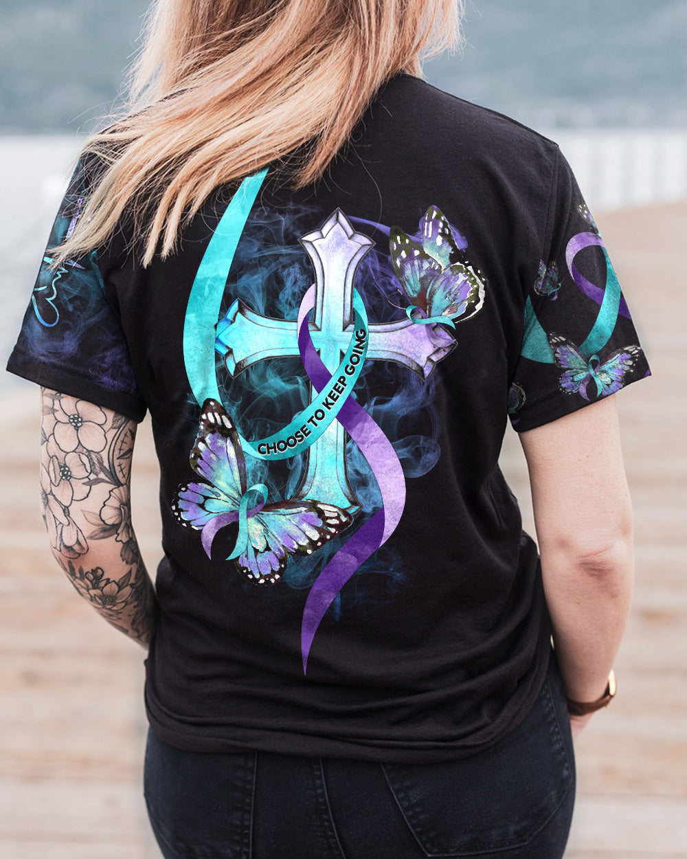 Choose To Keep Going Cross Smoke Butterfly Ribbons Women's Christian Tshirt