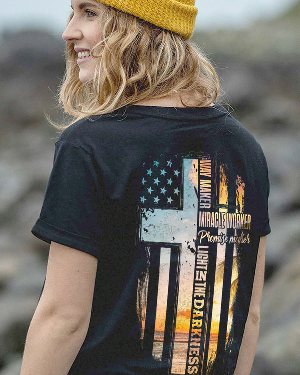 Way Maker Miracle Worker Sunset Beach Flag Half Cross Women's Christian Tshirt