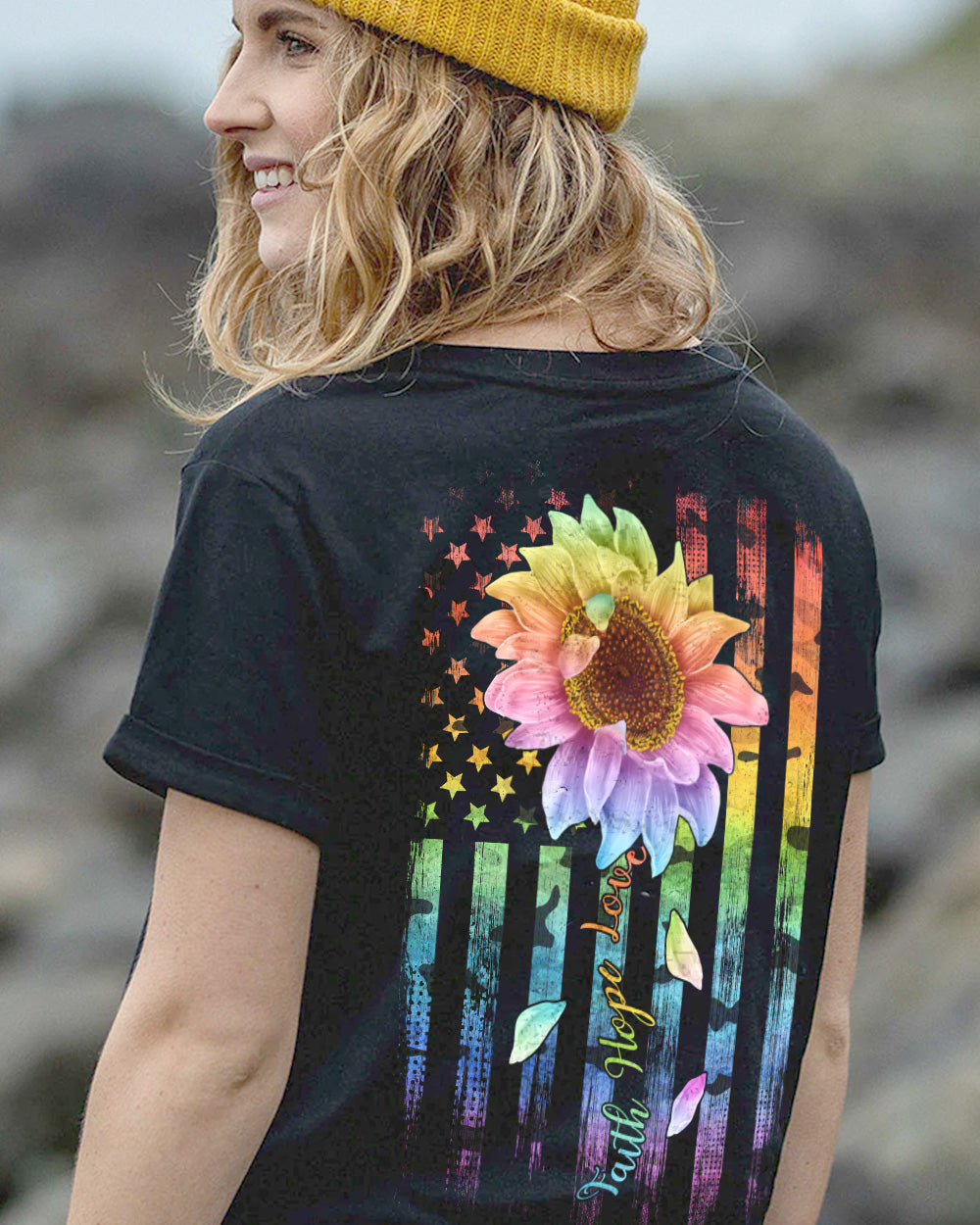 Faith Hope Love Rainbow Sunflower Flag Women's Christian Tshirt