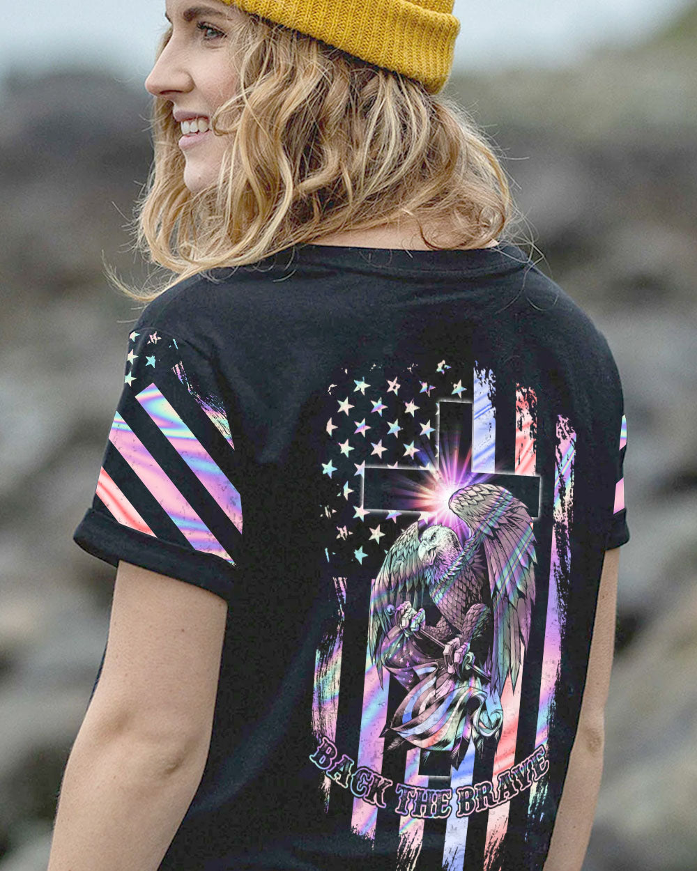 Eagle Back The Brave Holo Flag Women's Christian Tshirt