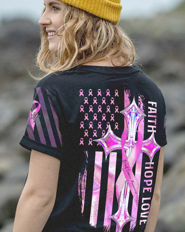 Faith Hope Love Cross Cancer Pink Holo Ribbons Flag Women's Breast Cancer Awareness Tshirt