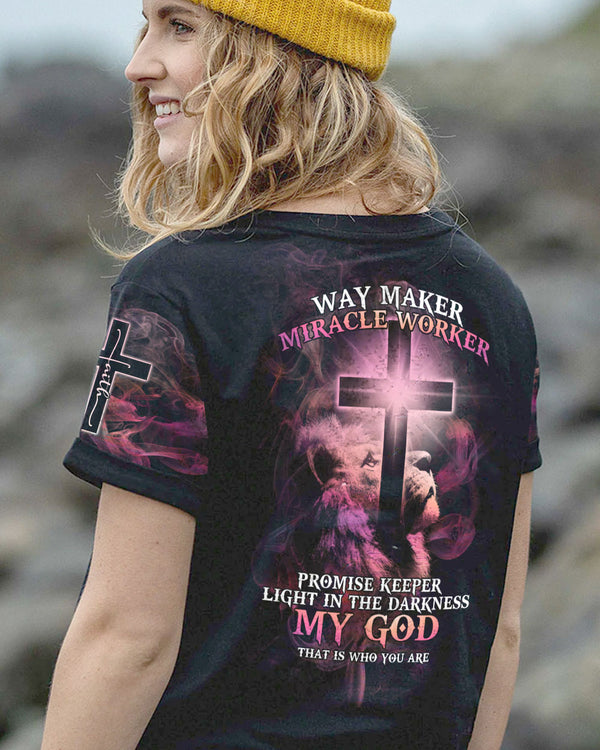 Way Maker Miracle Worker Lion Cross Pink Smoke Women's Christian Tshirt
