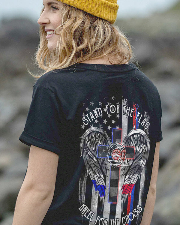 Stand For The Flag Kneel For The Cross Back The Brave Firefighter Women's Christian Tshirt