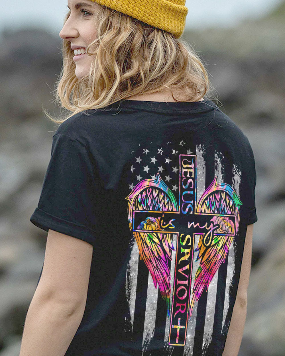 Jesus Is My Savior Colorful Wings Flag Women's Christian Tshirt