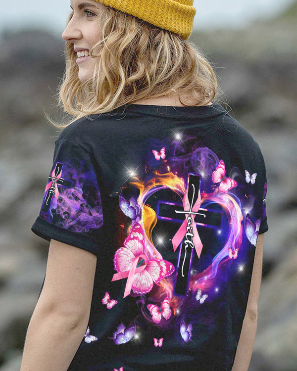Faith Fire Heart Butterfly Smoke Women's Breast Cancer Awareness Tshirt