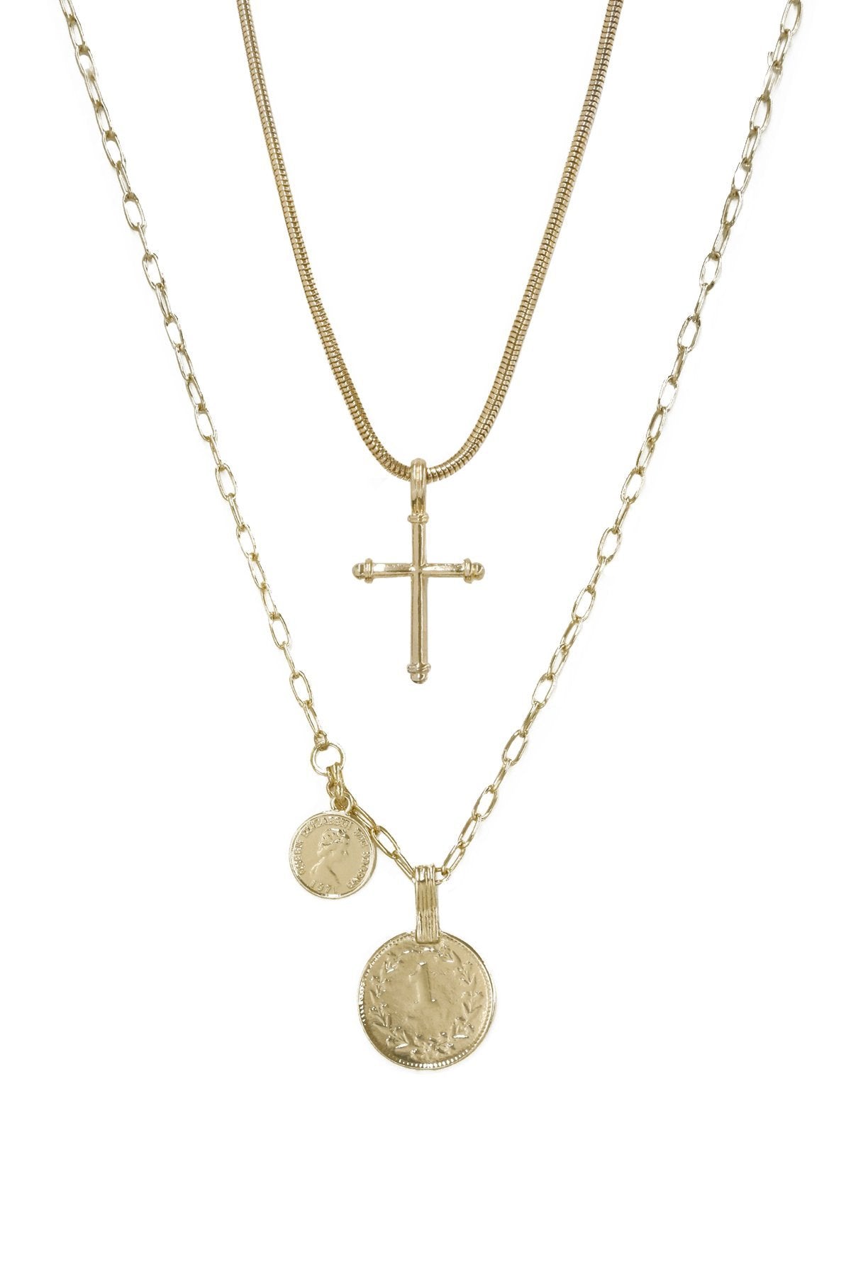 Keep The Faith 18K Gold Plated Cross And Coin Necklace Set
