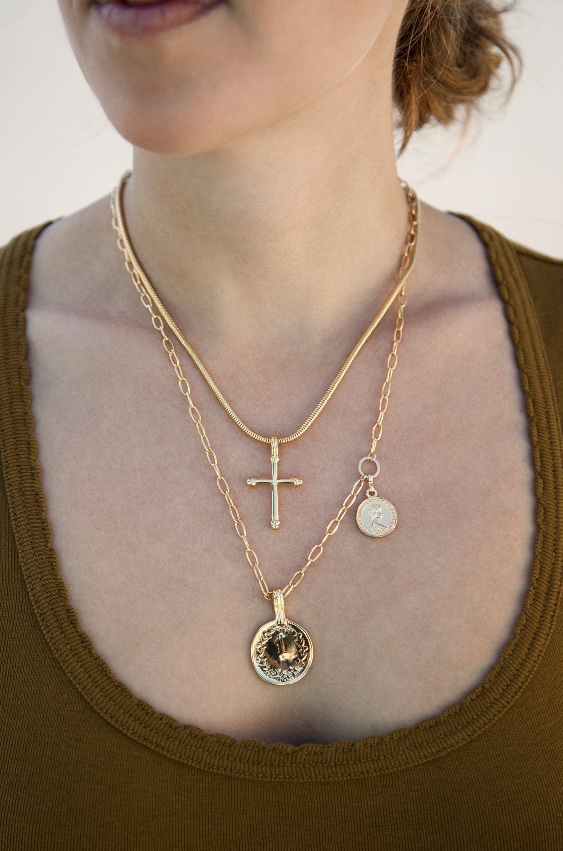 Keep The Faith 18K Gold Plated Cross And Coin Necklace Set
