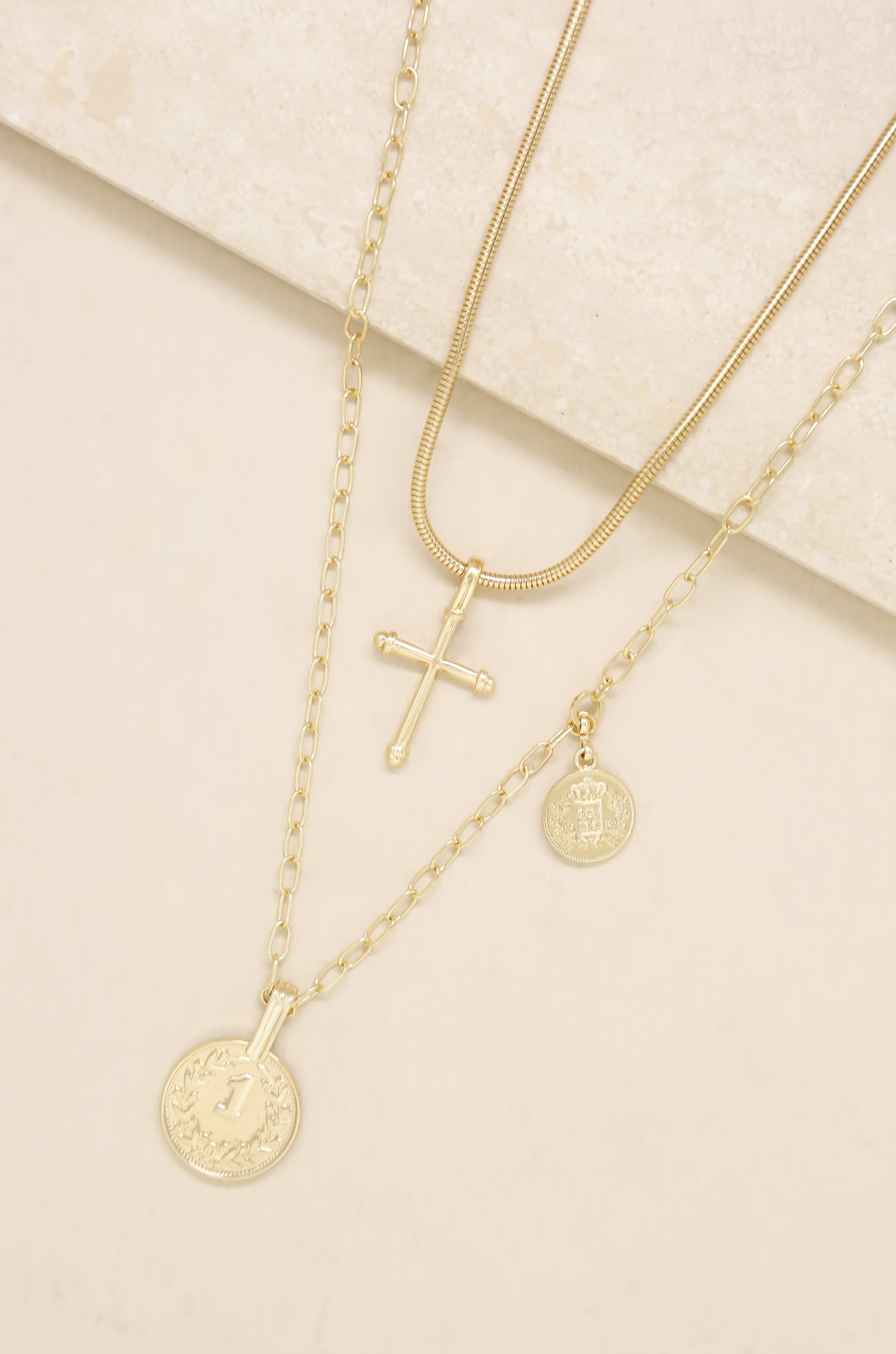 Keep The Faith 18K Gold Plated Cross And Coin Necklace Set
