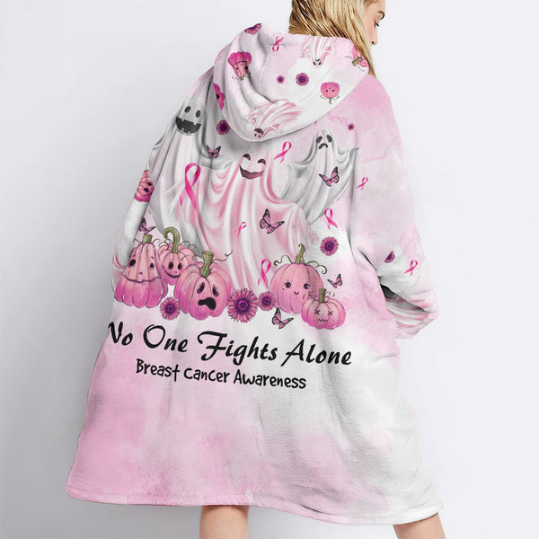 No One Fights Alone Boo Breast Cancer Awareness Sherpa Blanket Hoodie - Tlnh1709213ki