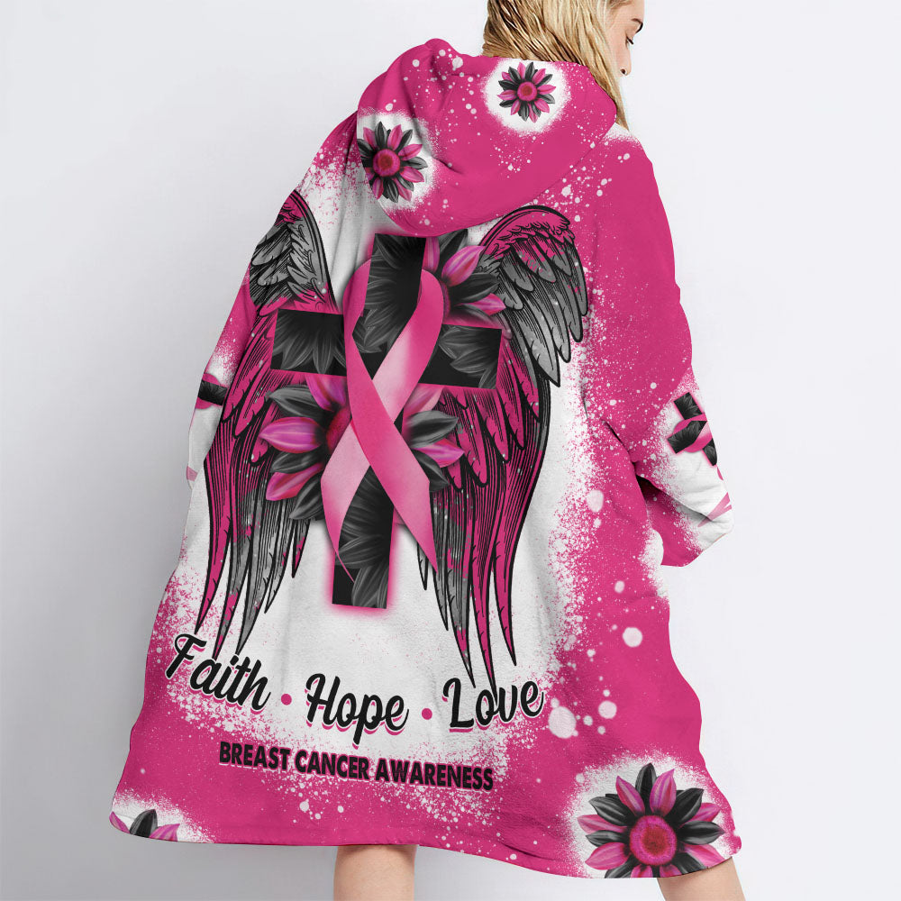Wings Sunflower Cross Breast Cancer Awareness Sherpa Blanket Hoodie - Lath1610213ki