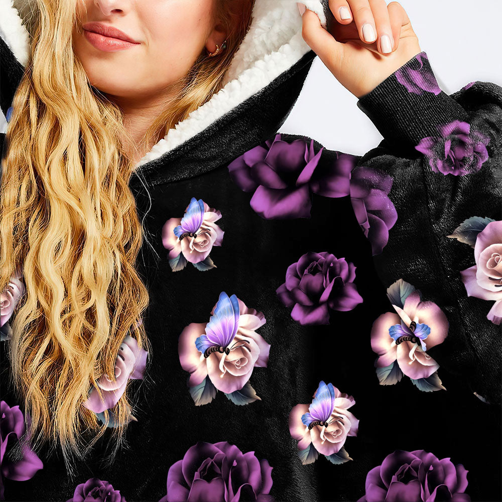 Faith Cross Floral Butterfly Sherpa Blanket Hoodie - Tltr2309214ki