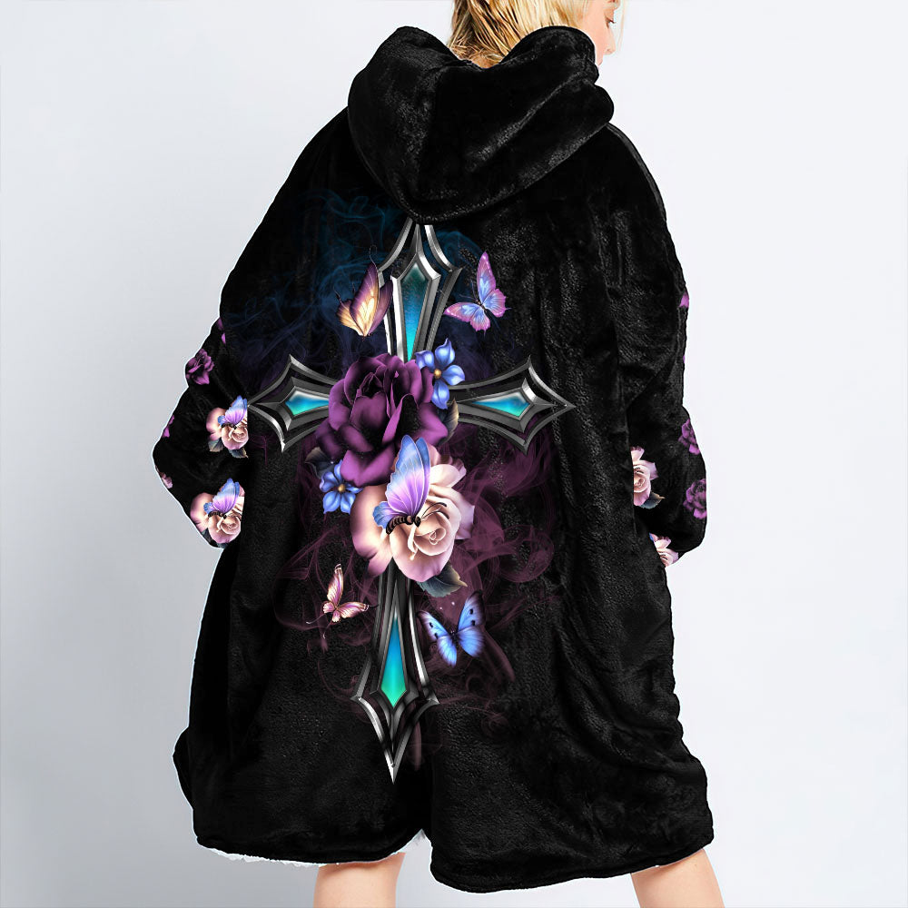 Faith Cross Floral Butterfly Sherpa Blanket Hoodie - Tltr2309214ki