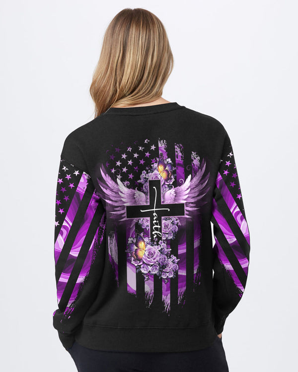 Purple Butterfly Rose Cross Faith Flag Women's Christian Sweatshirt