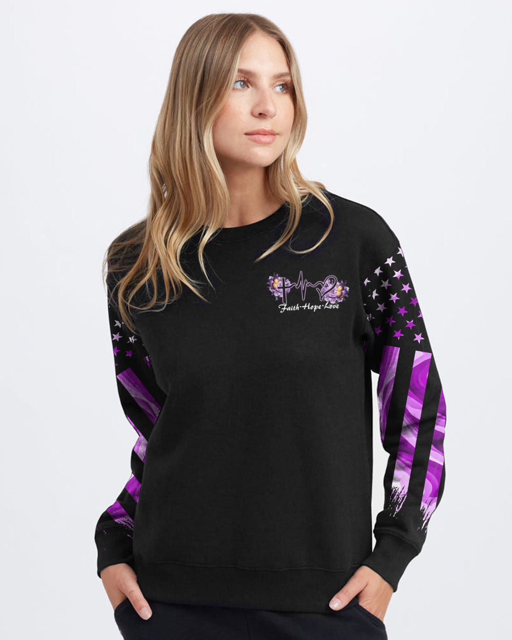 Purple Butterfly Rose Cross Faith Flag Women's Christian Sweatshirt