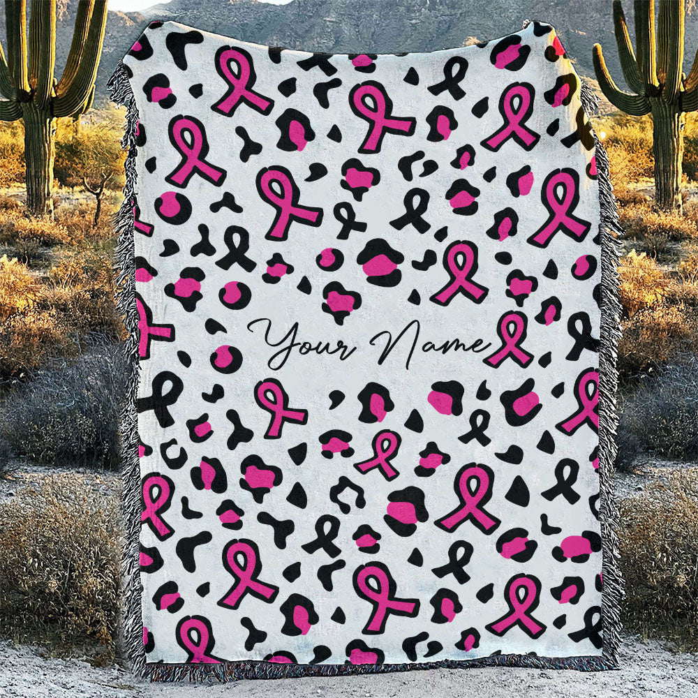 Breast Cancer Awareness  Personalized Cancer Ribbon Leopard Woven & Fleece Blanket - Tltr3009215ki
