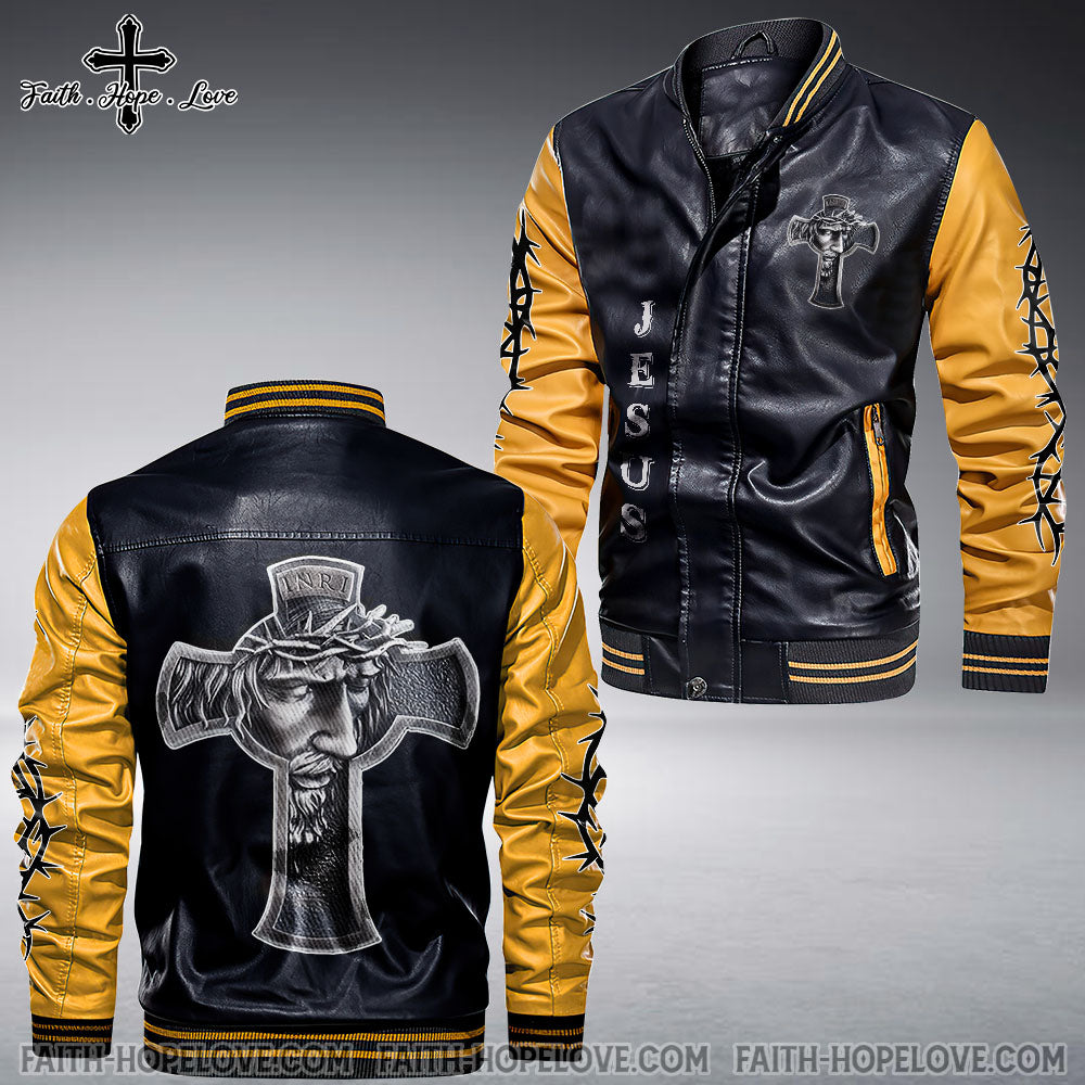 Jesus Cross Leather Bomber Jacket - Tlnz3010211ki