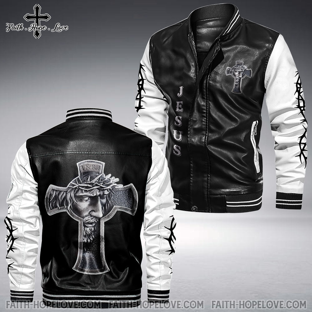Jesus Cross Leather Bomber Jacket - Tlnz3010211ki