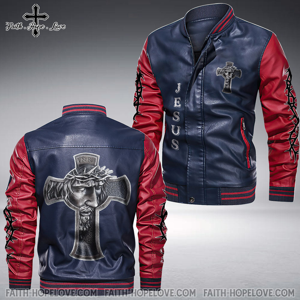 Jesus Cross Leather Bomber Jacket - Tlnz3010211ki