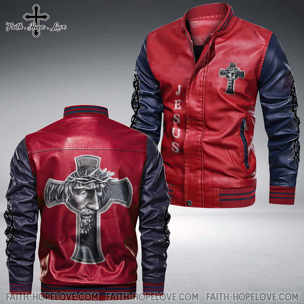Jesus Cross Leather Bomber Jacket - Tlnz3010211ki
